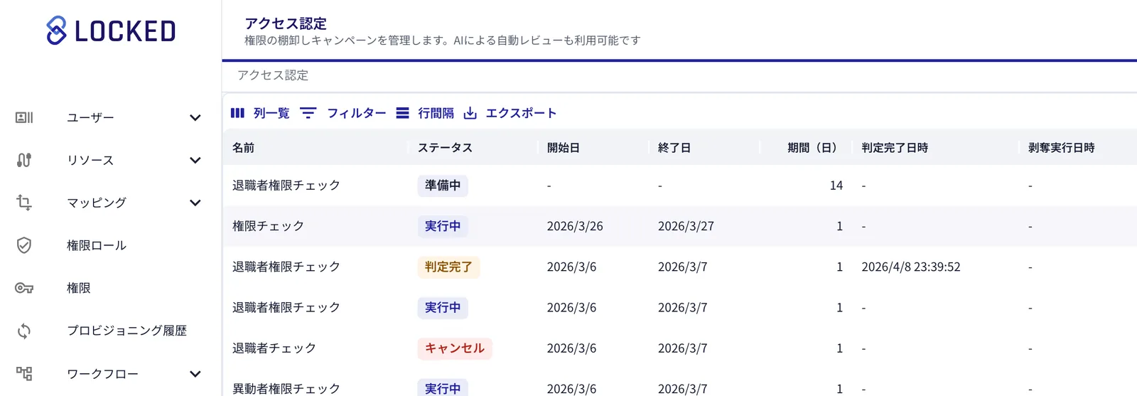 権限の棚卸し（アクセス認定）の一覧。退職者や異動者の権限チェックが状態とともに並ぶ